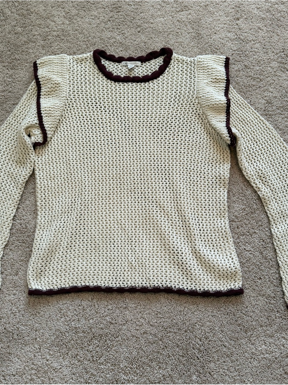 Cato Cream Crochet Long-Sleeve Sweater with Burgundy Trim